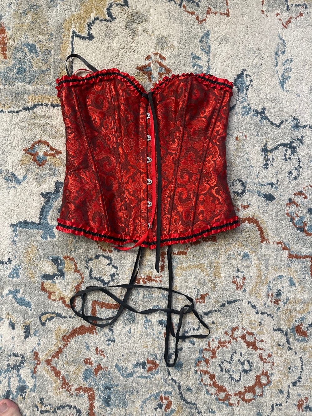RED & BLACK FLORAL JACQUARD OVERBUST BUSK HOOK & LACE-UP BACK CORSET TOP - LARGE
